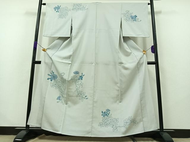 平和屋着物▽訪問着　単衣　お召地　手書き　草花文　正絹　逸品　AABB1431jh