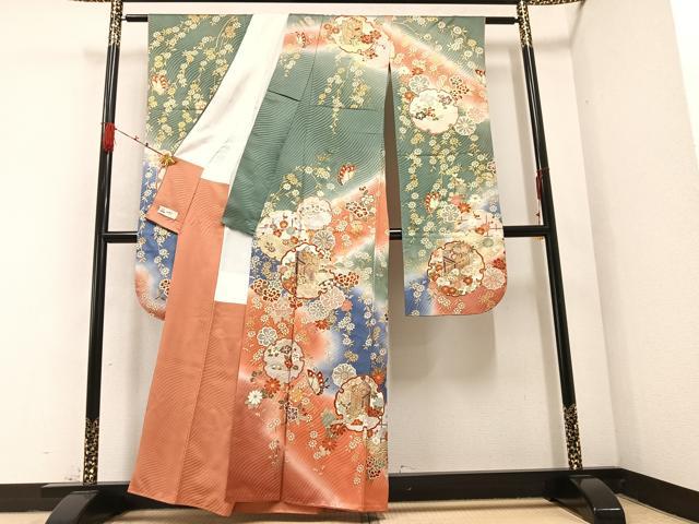 平和屋着物○豪華振袖 御所車雪輪花蝶文 暈し染め 金彩 やまと