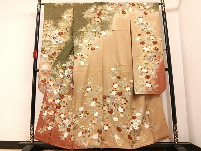 平和屋着物●豪華振袖　駒刺繍　扇面枝花文　金彩　正絹　逸品　AABB1512ph