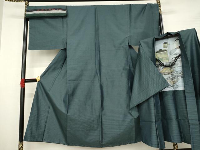 平和屋着物●男性　本場大島紬　アンサンブル　格子　反端付き　正絹　逸品　AABB1976ck