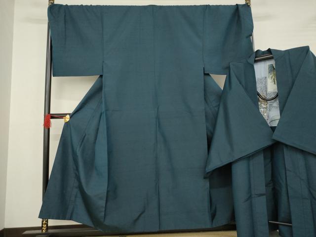 平和屋着物●男性　紬　アンサンブル　色無地　青褐色　キングサイズ　正絹　逸品　AABB1977ck