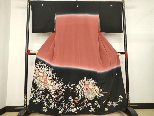 平和屋着物●訪問着　友禅　作家物　花車文　暈し染め　黒地　正絹　逸品　AABB1983ck