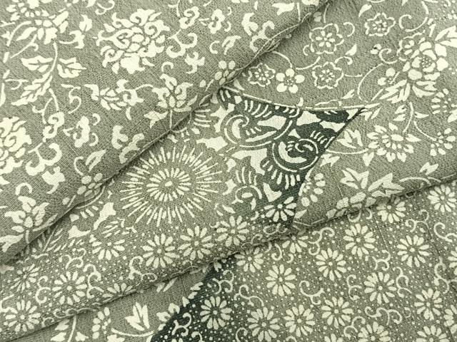 平和屋着物▽上質な紬　単衣　型染め　切嵌花文　正絹　逸品　AABB2225fy