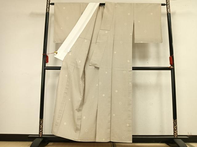 平和屋着物▽本塩沢 単衣 丸文 縞 反端付き 正絹 逸品 AABB2229fy