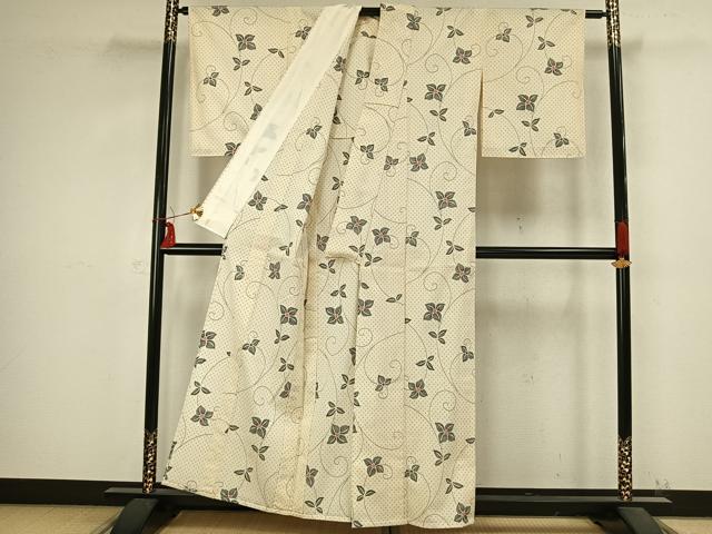 平和屋着物▽本塩沢 単衣 花唐草文 正絹 逸品 AABB2289fy