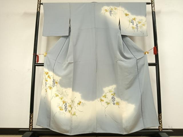 平和屋着物▽訪問着　単衣　手描き　葡萄蔦の葉文　正絹　逸品　AABB2313fy
