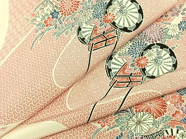 平和屋着物▽上質な小紋　単衣　片輪車花文　正絹　逸品　AABB2406fy