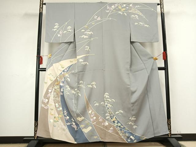 平和屋着物▽訪問着　単衣　駒刺繍　花鳥文　金彩　正絹　逸品　AABB2408fy