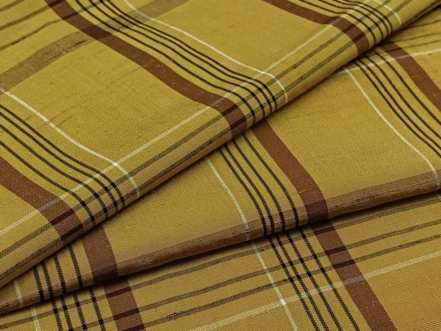 平和屋着物▽黄八丈　紬　単衣　格子　正絹　逸品　AABB2455jh