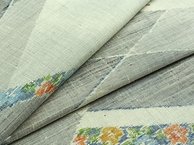 平和屋着物▽小千谷紬　単衣　本真綿織　花菱文　反端付き　正絹　逸品　AABB2468jh