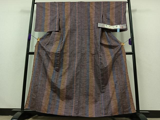 平和屋着物▽上質な紬　単衣　暈し縞　反端付き　正絹　逸品　AABB2472jh 平和屋着物▽上質な紬 単衣 暈し縞 反端付き 正絹