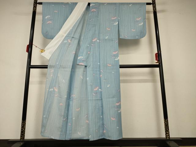 平和屋着物＊夏物　小紋　紗　扇子花文　洗える着物　AABB2565jd_2