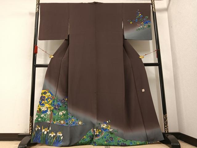平和屋着物●友禅作家　河野栖山　訪問着　手描き　花鳥唐草文　暈し染め　正絹　逸品　AABB2930ph