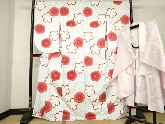 平和屋着物●小振袖　二尺袖　長襦袢セット　無双仕立て　舞梅文　洗える着物　未使用　AABB3165ck