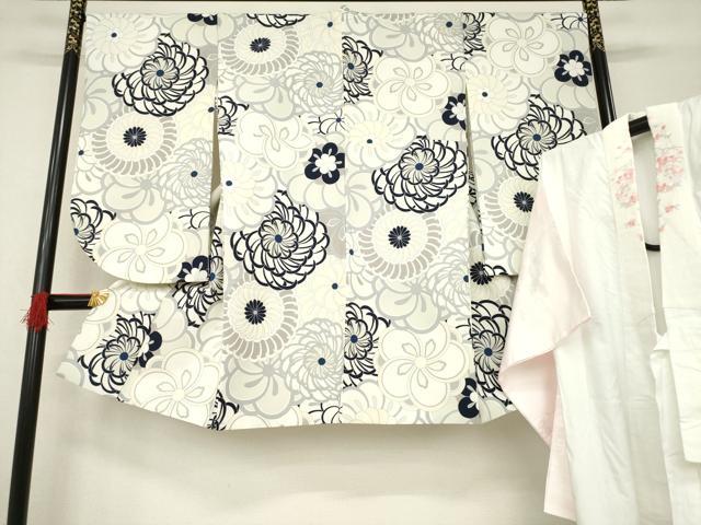 平和屋着物●小振袖　二尺袖　長襦袢セット　無双仕立て　菊　銀彩　洗える着物　AABB3166ck