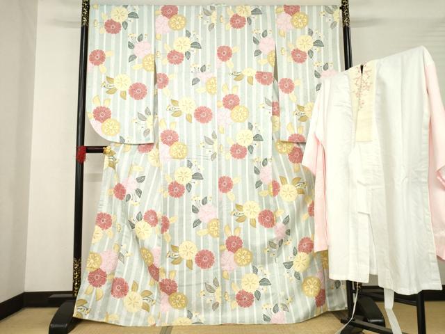 平和屋着物●小振袖　二尺袖　長襦袢セット　無双仕立て　舞花文　半衿刺繍　洗える着物　未使用　AABB3169ck