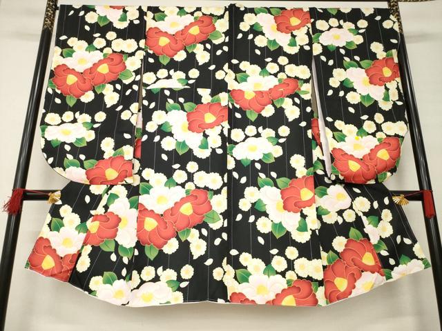 平和屋着物●小振袖　二尺袖　椿　黒地　洗える着物　未使用　AABB3210ck