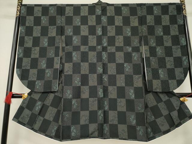 平和屋着物●小振袖　二尺袖　市松花文　黒地　洗える着物　未使用　AABB3223ck