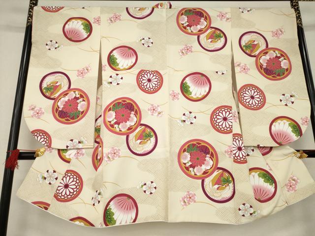 平和屋着物●小振袖　二尺袖　花鳥丸文　洗える着物　AABB3225ck