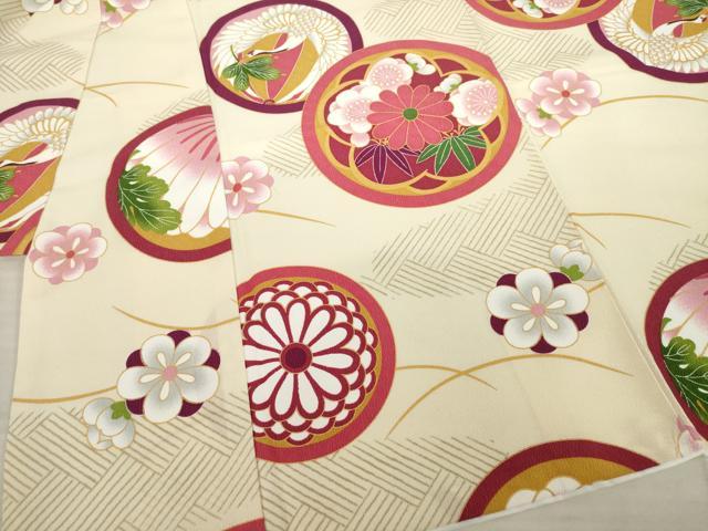 平和屋着物○小振袖 二尺袖 花鳥丸文 洗える着物 AABB3225ck