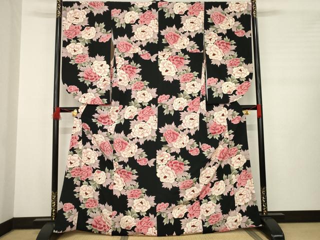 平和屋着物●小振袖　二尺袖　花づくし　黒地　銀彩　洗える着物　AABB3227ck