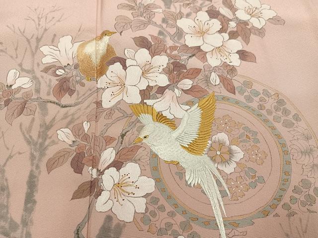 平和屋着物●訪問着　手描き　刺繍　花鳥文　阪急百貨店扱い　正絹　逸品　AABB3641ph