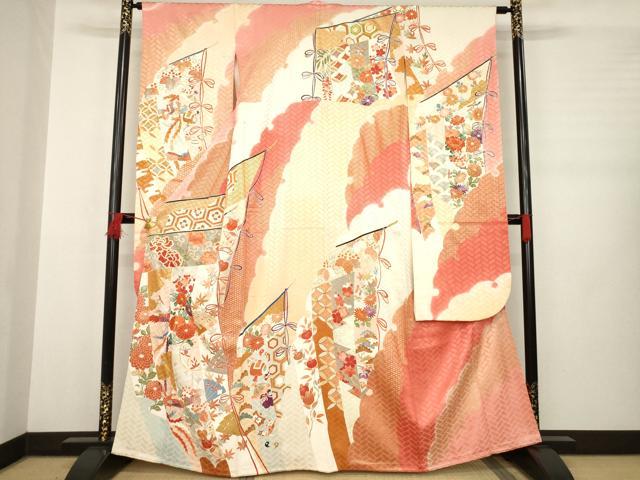 平和屋着物●豪華振袖　駒刺繍　几帳花鳥文　金彩　高島屋扱い　正絹　逸品　AABB3808ck