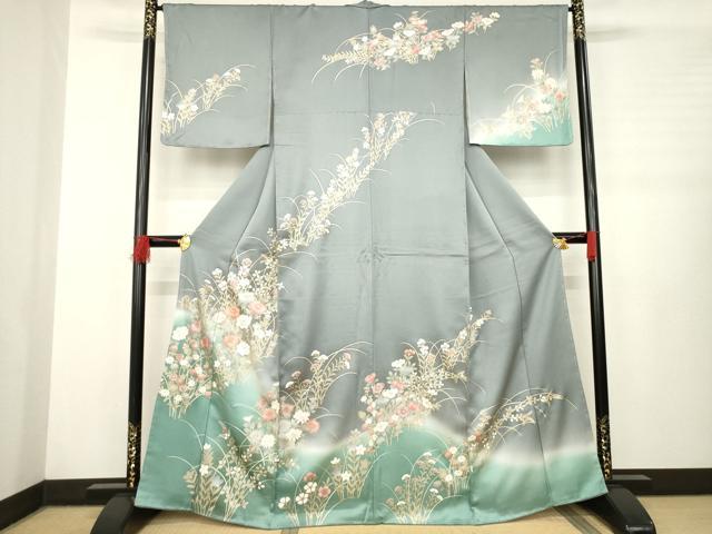 平和屋着物●訪問着　駒刺繍　草花文　暈し染め　正絹　逸品　未使用　AABB3832ck