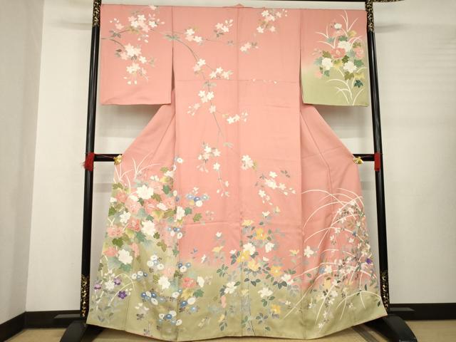 平和屋着物●訪問着　友禅　草花文　暈し染め　三越扱い　正絹　逸品　AABB3859ck