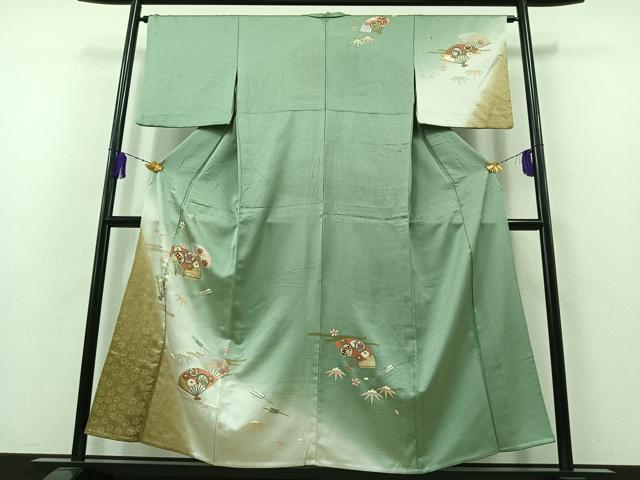 平和屋着物▽訪問着　単衣　駒刺繍　扇面花蝶文　暈し染め　金糸　金銀彩　正絹　逸品　AABB3909jh
