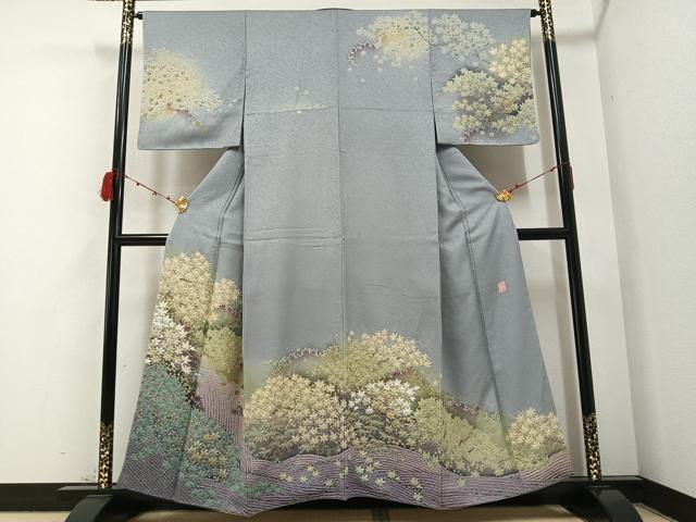 平和屋着物●十日町　名門　滝泰謹製　訪問着　絞り　楓文　金通し地　正絹　逸品　AABB4357ph