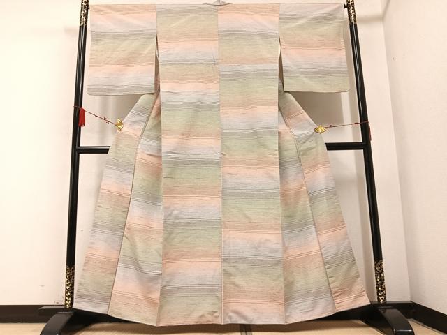 平和屋着物●紅花紬　米沢　横縞　正絹　逸品　AABB4364ph