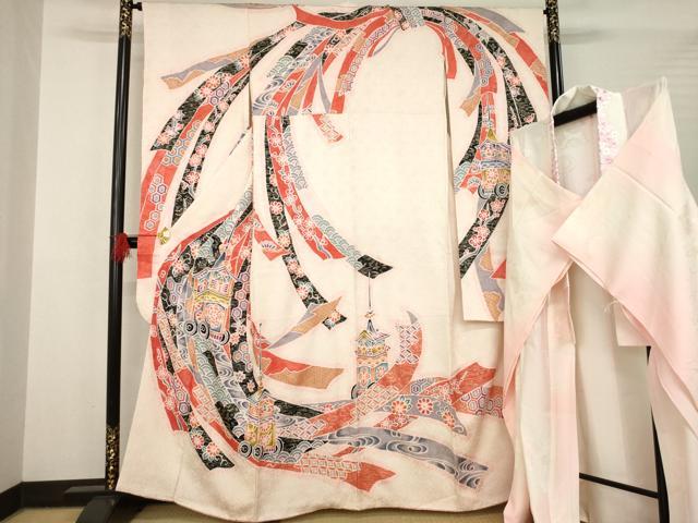 平和屋着物●豪華振袖・長襦袢(無双仕立て)セット　束ね熨斗花文　山車　金彩　正絹　逸品　AABB4415ck