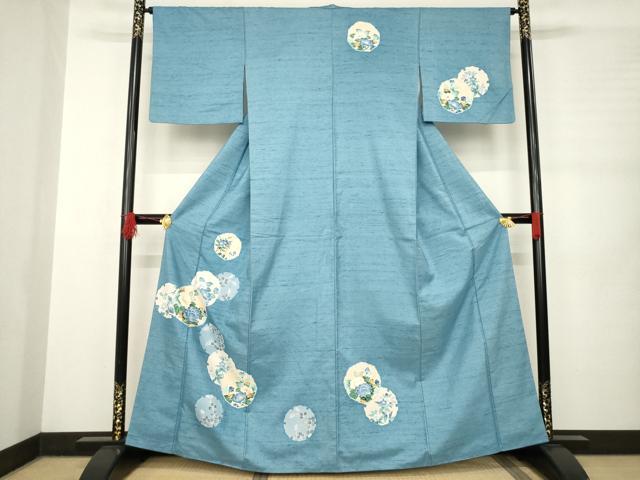 平和屋着物●訪問着　友禅　紬地　雪輪花文　正絹　逸品　AABB4454ck
