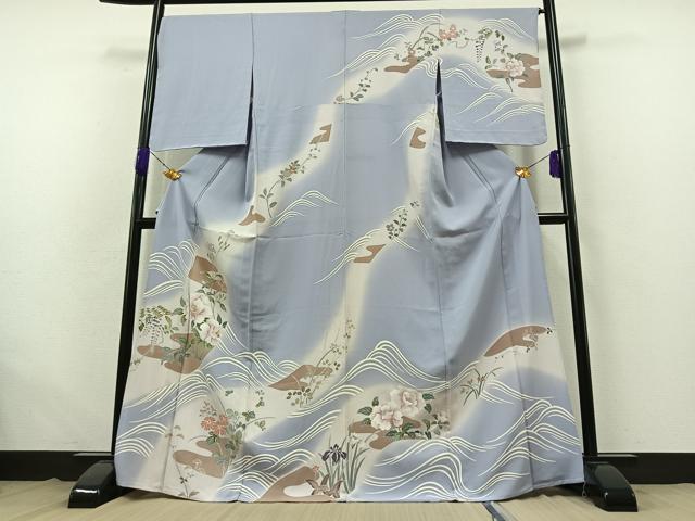 平和屋着物▽訪問着　単衣　刺繍　流水花文　暈し染め　金糸　正絹　逸品　AABB4518jh