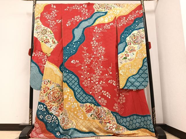 平和屋着物●豪華振袖　駒刺繍　絞り　鳳凰更紗花文　金彩　正絹　逸品　AABB5115ph