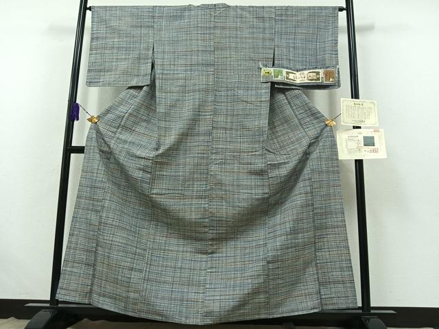 平和屋着物▽本場結城玉紬　単衣　格子　結織苑　証紙付き　正絹　逸品　AABB5209jh