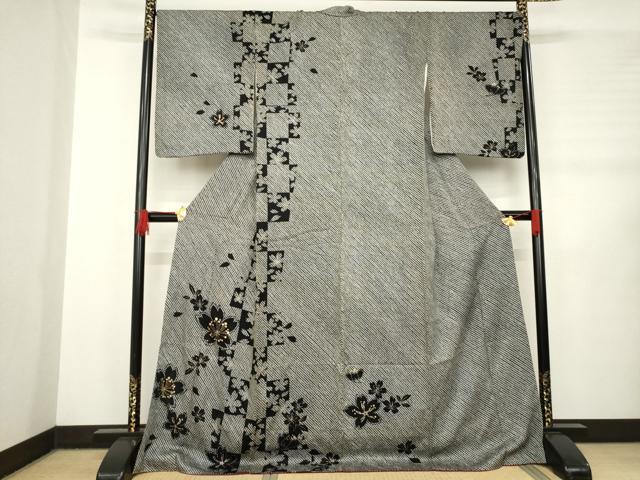 平和屋着物●訪問着　総絞り　舞桜　黒地　金彩　ロング丈　正絹　逸品　AABB5434ck