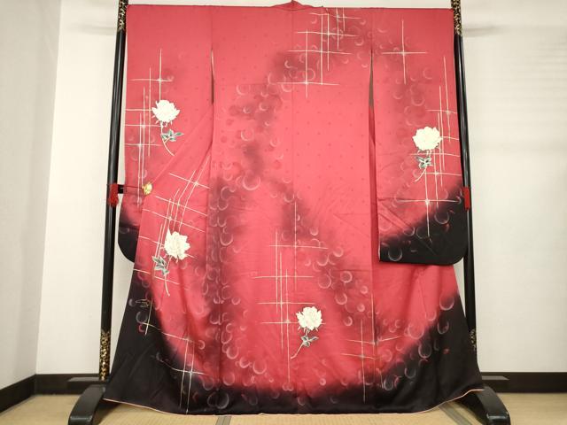 平和屋着物●豪華振袖　作家物　白薔薇　ラインストーン　暈し染め　金銀彩　正絹　逸品　AABB5459ck