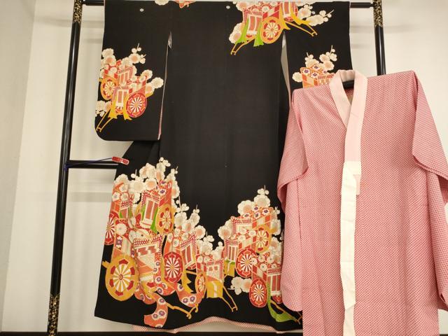 平和屋着物∵女の子　十三参り　子供　祝着・長襦袢(無双仕立て)セット　駒刺繍　御所車梅文　黒地　金彩　逸品　AABB5617ja