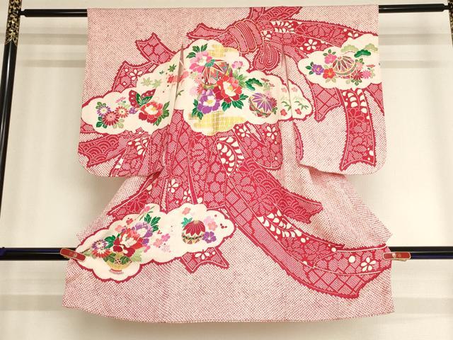 平和屋着物[]七五三　女の子　３歳　祝着　一つ身　駒刺繍　束ね熨斗花手毬文　金彩　正絹　逸品　AABB5817ja