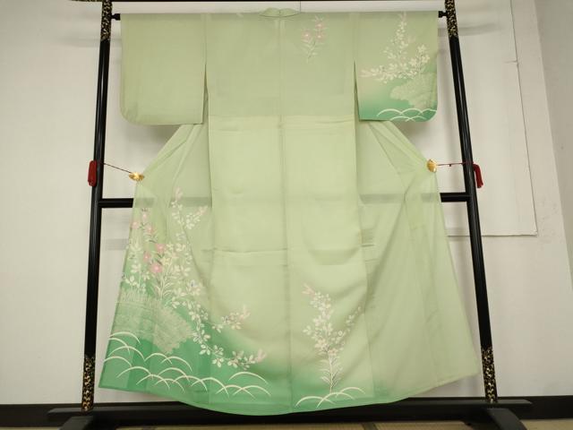 平和屋着物＊夏物　訪問着　絽　草花文　暈し染め　銀彩　正絹　逸品　AABB5872st