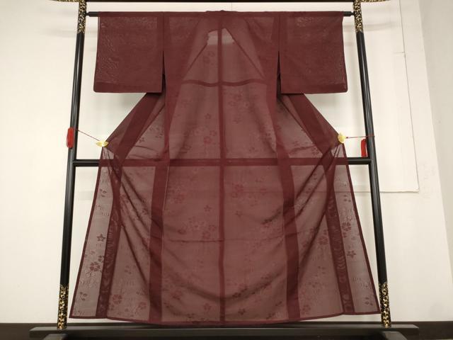 平和屋着物＊夏物　色無地　絽　草花紋紗　葡萄茶色　正絹　逸品　未使用　AABB5960st