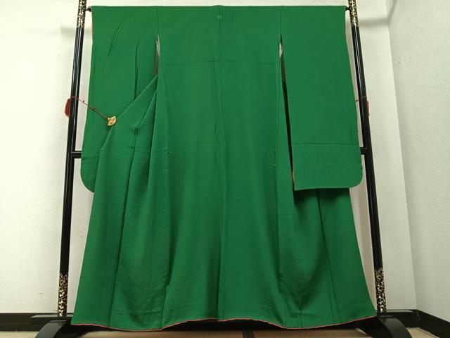 平和屋着物●豪華振袖　色無地　深緑色　正絹　逸品　AABB6310ph