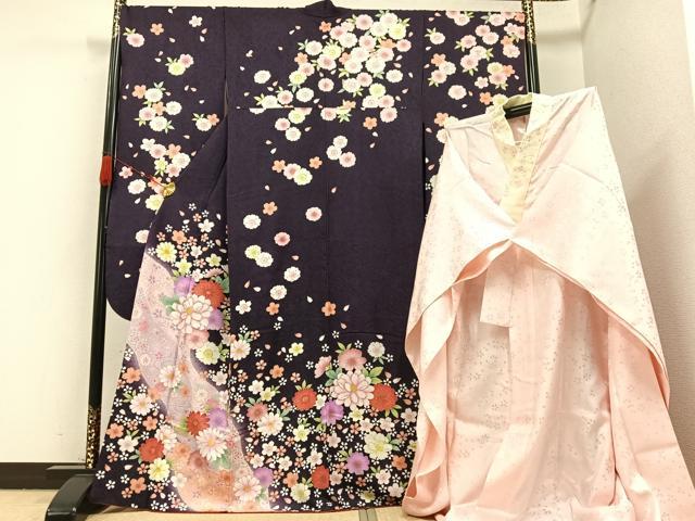 平和屋着物●豪華振袖・長襦袢(無双仕立て)セット　舞花文　暈し染め　金彩　半衿刺繍　正絹　逸品　AABB6320ph