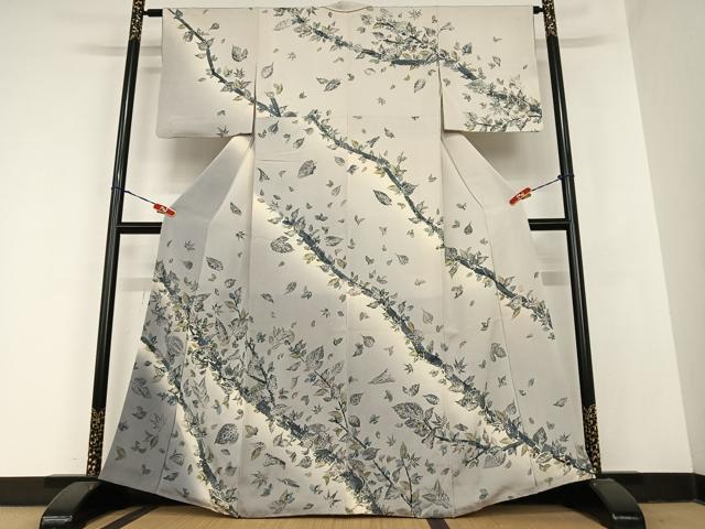 平和屋着物●小林文次郎　木版染め　訪問着　舞葉文　鬼しぼ縮緬　正絹　逸品　AABB6341zg