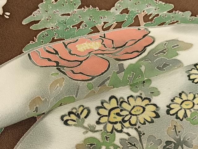 平和屋着物●本加賀友禅作家　柿本市郎　色留袖　地紙重ね花鳥松文　正絹　逸品　AABB6352zg 平和屋着物○本加賀友禅作家 柿本市郎 色留袖 地紙重ね花鳥