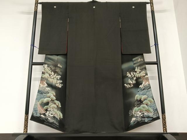 平和屋着物●アンティーク　大正ロマン　黒留袖　風景松文　両褄　暈し染め　金糸　正絹　逸品　AABB6466zg