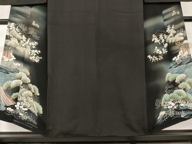 平和屋着物○アンティーク 大正ロマン 黒留袖 風景松文 両褄 暈し染め