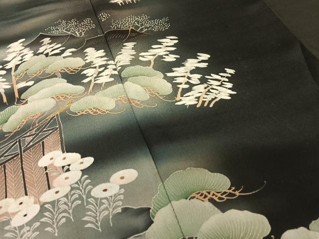 平和屋着物○アンティーク 大正ロマン 黒留袖 風景松文 両褄 暈し染め